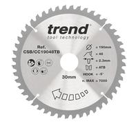 Hoja de sierra ingletadora inalámbrica Trend Wood, 190 mm de diámetro, orificio de 30 mm, 48 dientes, corte de 2,3 mm, gancho de -5°, TCT, acabado fino, CSB/CC19048TB