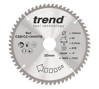 Hoja de sierra ingletadora inalámbrica Trend Wood, 190 mm de diámetro, orificio de 30 mm, 60 dientes, corte de 2,3 mm, gancho de -5°, TCT, acabado extrafino, CSB/CC19060TB