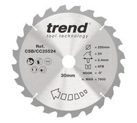 Hoja de sierra ingletadora Trend Wood, 255 mm de diámetro, orificio de 30 mm, 24 dientes, corte de 2,4 mm, gancho de -5°, TCT, acabado grueso, CSB/CC25524