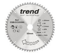 Hoja de sierra ingletadora Trend Wood, 255 mm de diámetro, orificio de 30 mm, 60 dientes, corte de 2,4 mm, -5° Hook, TCT, acabado fino, CSB/CC25560