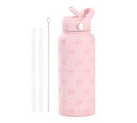 Hojalis Botella de agua con lazo rosa, botella de agua aislada de 800 ml, termo de acero inoxidable a prueba de fugas con 2 pajitas y cepillo de limpieza, regalo para mujeres y niñas, para la escuela