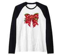 Hojas de Acebo con Lazo Rojo de Pascua de Navidad Camiseta Manga Raglan