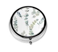 Hojas de eucalipto. Este pequeño pastillero redondo impreso es un organizador portátil de pastillas y vitaminas perfecto para bolsillos, bolsos y viajes.