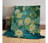 Hojas De Nenúfar Amarillo Manta De Franela, Estilo De Pintura Al Óleo Vintage Manta Franela para Cama, Todas Estaciones Y Lavable a Máquina 220x240cm, Verde
