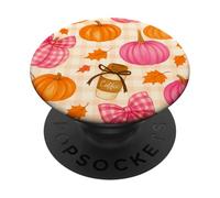 Hojas de otoño, Calabaza de café y Lazo a Cuadros otoñales Linda Chica PopSockets PopGrip Adhesivo