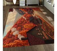 Hojas de otoño Zona del Bosque Alfombra Lavable Casas Antiguas de Madera Alfombra Nubes Montañas lejanas para el salón Dormitorio Antideslizante Pelo bajo 100x150cm