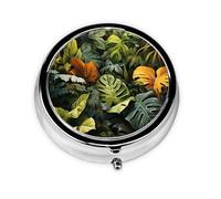 Hojas de palma de la selva tropical. Este pastillero de viaje pequeño, redondo y de tres compartimentos es perfecto para almacenar medicamentos diarios, vitaminas y sobre la marcha.