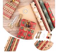 Hojas de papel de regalo de Navidad, papel kraft rojo y verde, 6 rollos, colección de elementos de Navidad con copo de nieve, árbol, rayas rojas, patrón de Feliz Cristo, 50 x 70 cm (B-2 hojas)