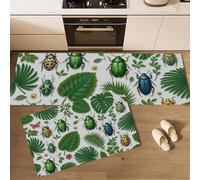 Hojas De Plantas Tropicales Juego De Alfombras De Cocina De 2 Piezas,Patrones De Escarabajos Y Mariposas Alfombras Y Tapetes De Cocina Antideslizantes Y Lavables 44×70Cm+44×120Cm,Verde Esmeralda