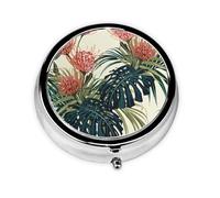 Hojas Palmeras Exóticas Hoja Selva Tropical Floral Rosa Verde, Pastillero, Pastillero redondo Pequeño contenedor de pastillas Organizador de pastillas de viaje