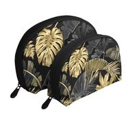 Hojas Tropicales Negras Doradas, Bolsa de Maquillaje de Concha, Monedero pequeño para Mujer, Bolsa de artículos de tocador, Bolsa de cosméticos, 2 Piezas