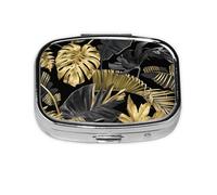 Hojas Tropicales Negras Doradas, Pastillero cuadrado para bolsillo o monedero, pequeño contenedor de pastillas, organizador de pastillas de viaje