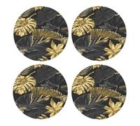 Hojas Tropicales Negras y Doradas,Posavasos Redondos de Corcho MDF, Almohadilla para Tazas, Juego de 4 Posavasos para Bebidas