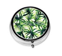 Hojas verdes de palmera. Este pequeño pastillero redondo es un organizador portátil de medicamentos de viaje con tres compartimentos para almacenar medicamentos diarios.