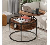 Hojinlinero mesa de centro redonda regulable en altura con espacio de almacenamiento oculto y café con placa elevadora, madera para salón y oficina