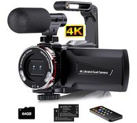 Hojocojo Cámara de vídeo 4K 64MP Videocámara Vlogging Cámara,Doble Objetivo 3" 270° Pantalla giratoria Vlog Cámara con Tarjeta de 64GB, Micrófono, Estabilizador,Control Remoto,2 Baterías