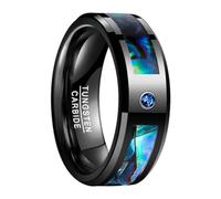 Hokech Concha de abulón para hombre de 8 mm y circonita cúbica azul Incrustación Anillos de tungsteno Anillos de boda negros Borde biselado