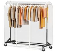 HOKEEPER Barra para Colgar Ropa Resistente con Ruedas y Funda Antipolvo, Perchero Móvil de 204kg con Ruedas y Estante para Dormitorio, Lavandería