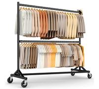 HOKEEPER Burro de Ropa Comercial Resistente de Doble Barra, Base en Z con Ruedas, 250kg, Altura Ajustable para Tiendas, Boutiques, Dormitorio, Negro