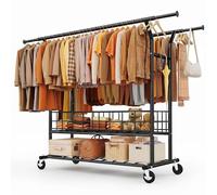 HOKEEPER Burro de Ropa Resistente de Doble Barra, 283kg, con Cesta de Malla y Estante, Extensible - Ideal para Dormitorio, Boutique, Lavandería, Negro