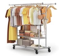 HOKEEPER Burro de Ropa Resistente de Doble Barra, 283kg, con Cesta de Malla y Estante, Extensible - Ideal para Dormitorio, Boutique, Lavandería, Plateado