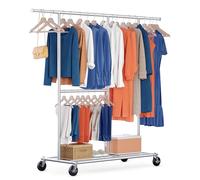 HOKEEPER Burro de Ropa Resistente de Doble Barra con Ruedas, 209kg, Altura Ajustable y Barra Extensible, Armario Móvil para Dormitorio, Boutique