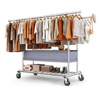 HOKEEPER Burro de Ropa Resistente de Doble Barra con Ruedas, 283kg, con Cesta de Tela y Estante, Extensible - Ideal para Dormitorio, Boutique
