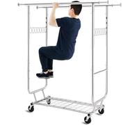 HOKEEPER Burro de Ropa Resistente de Doble Barra con Ruedas, 295kg, con Estante Inferior, Extensible - Ideal para Dormitorio, Boutique, Lavandería, Plateado