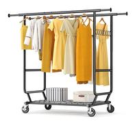 HOKEEPER Burro de Ropa Resistente de Doble Barra con Ruedas, 295kg, con Estante Inferior, Extensible - Ideal para Dormitorio, Boutique, Lavandería, Negro