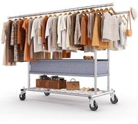 HOKEEPER Perchero de doble riel resistente con ruedas, capacidad de 283 kg, con cesta de almacenamiento de tela y estante inferior, longitud y altura extensibles para dormitorio, boutique, venta de