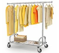 HOKEEPER Perchero resistente de 136 kg de capacidad, perchero extensible con ruedas y estantes bloqueables, ahorro de espacio para dormitorio, apartamento pequeño, lavandería, color plateado