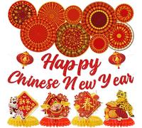 Hokinaa Decoraciones de Año Nuevo chino - 15 piezas Lunar Happy 2026 The Year of Horse Party Banner Honeycomb Centerpieces Paper Fans Red Gold Lantern Lion Dance Asian Supplies Decor for Home Office