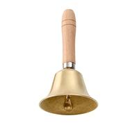 HOKPA Campana de mano, color dorado de 3.15 pulgadas con mango de madera de latón macizo, timbre muy fuerte para restaurante, servicio, campana, bar, cascabel, boda, aula, iglesia, escuela, aula