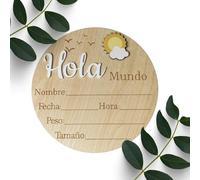 Hola Mundo - Disco de madera 3D para anuncio de bebé, placa de recuerdo para recién nacido, sol y nube, signo de estadísticas de nacimiento neutro y regalo para baby shower (Spanish)