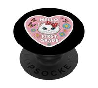 Hola, Primer Grado, 1er Grado, niña, Gatito, Gato, Vuelta a la Escuela PopSockets PopGrip Adhesivo