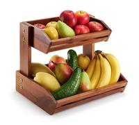 HOLANA Cesta de frutas de madera de acacia, cuenco de frutas de 2 niveles para encimera de cocina, grande de 14 x 10 pulgadas, frutas para cocina, almacenamiento de frutas y verduras (2 niveles)