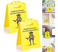 Hold On Partner I'm Overstimulated Sign, Humorous Desk Sign, Funny Office Desks Cubicle Decor Workplace Decoration Funny Mini Warning Plaque, Gift for Employee Coworkers and Friends(2PCS)