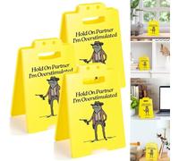 Hold On Partner I'm Overstimulated Sign, Humorous Desk Sign, Funny Office Desks Cubicle Decor Workplace Decoration Funny Mini Warning Plaque, Gift for Employee Coworkers and Friends(3PCS)
