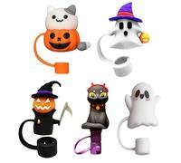 Holdes Funda de paja de gato de Halloween para vasos de paja, 5 piezas de paja de dibujos animados - 10 mm puntas de paja a prueba de polvo, tapas reutilizables, tapas de pajita