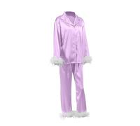 Holdes Ropa de dormir con botones para mujer, ropa de dormir de satén de manga larga con ribete de plumas, conjunto de pijama de satén de manga larga, camisón casual, color morado