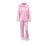 Holdes Ropa de dormir con botones para mujer, ropa de noche de manga larga con botones, conjunto de pijama de satén con ribete de plumas de manga larga, camisón casual, color rosa