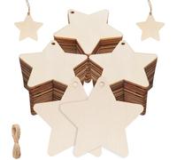 HOLDLEAF 60 estrellas de madera de 7 cm, 3 mm de grosor, incluye cuerda de yute, colgante de madera en blanco, estrellas para manualidades, pintar y decorar, colgante de Navidad, decoración del árbol