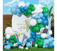 Hole in One - Kit de arco de guirnalda de globos, 131 globos de látex azul, verde y blanco con carrito de golf y globos de aluminio para agujero en un primer cumpleaños, decoración de fiesta de
