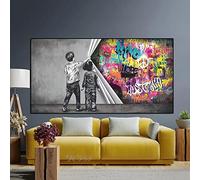 HOLEILUCK Arte de graffiti callejero detrás de la cortina, pintura en lienzo de niño y niña encuentran el amor Banksy arte de pared impresiones grandes para decoración de habitación 80 x 163 cm/31 x
