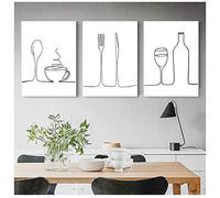 HOLEILUCK Cuadros modulares estilo nórdico impreso línea de póster café vino tinto cuchillo y tenedor cuadro sobre lienzo para pared para decoración de cocina 40x55cm(16x22in) x3 piezas sin marco