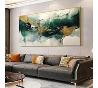 HOLEILUCK Pintura abstracta verde, blanca y dorada, cuadro artístico de pared de mármol para sala de estar, arte moderno, impresiones enmarcadas grandes, decoración 86x190cm/34x75in con marco dorado