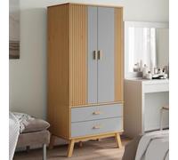 Holekex Armario Olden gris y marrón de madera de pino maciza, 76,5 x 53 x 172 cm, con 2 cajones y compartimento grande para dormitorio, armario y sistema de organización