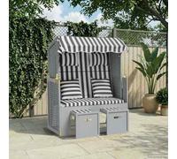 Holekex Sillón de playa con cojín de poliratán y madera maciza gris y blanco, 115 x 55 x 156 cm, respaldo ajustable en 3 posiciones, reposapiés extensible, con toldo para jardín, terraza, exterior