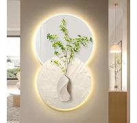 HOLGVE Pintura Decorativa for Vestíbulo de Entrada, Arte 3D con Macetero Verde, Escultura Mural for Colgar En La Pared con Luz LED, for Hogar, Restaurante Hotel(Beige,27.6x47in/70x120cm)