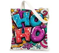 Holiday Fun - Bolsas de lona reutilizables con diseño colorido de Ho Ho Ho, bolsas de comestibles reutilizables para invierno, festivas, ligeras y lavables, Varios colores, 13x15 Inch